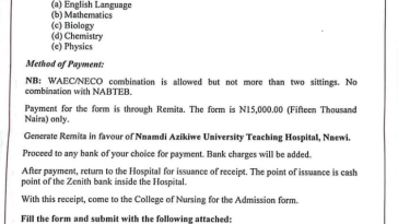 Nnamdi Azikiwe Uni Teaching Hospital Nnewi Announces Sales of Admission Forms for General Nursing Training