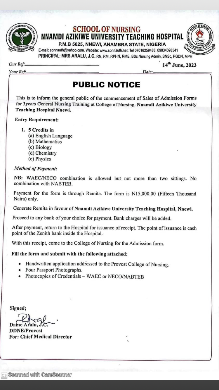 Nnamdi Azikiwe Uni Teaching Hospital Nnewi Announces Sales of Admission Forms for General Nursing Training